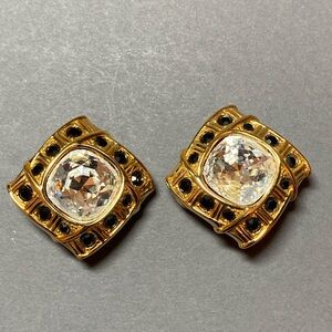 Vintage Swarovski Gold and Black Crystal clip statement Earrings